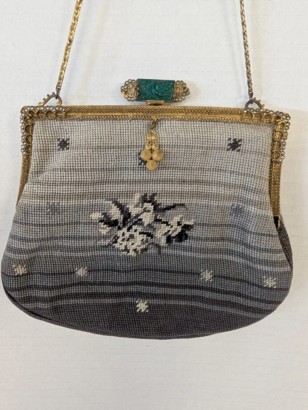 Vintage Bag Needle Point Floral Evening Bag Gray Cream Green Clasp Art Deco